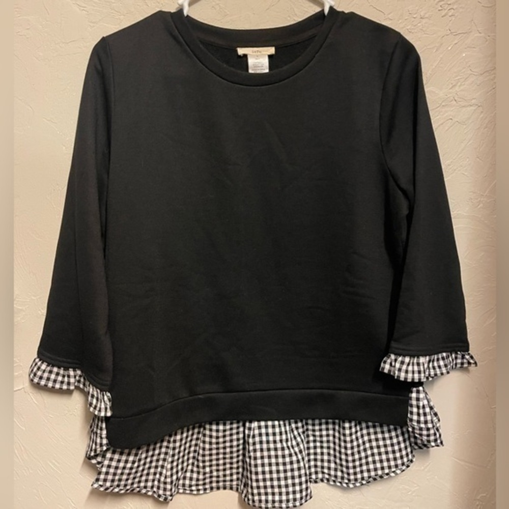 Black and White Sweater Top with Gingham Ruffles - large